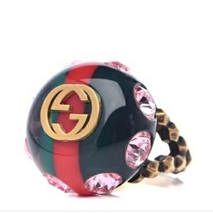 GUCCI Resin GG Logo Crystal Embellished Gold- Tone Cocktail Ring Size 5